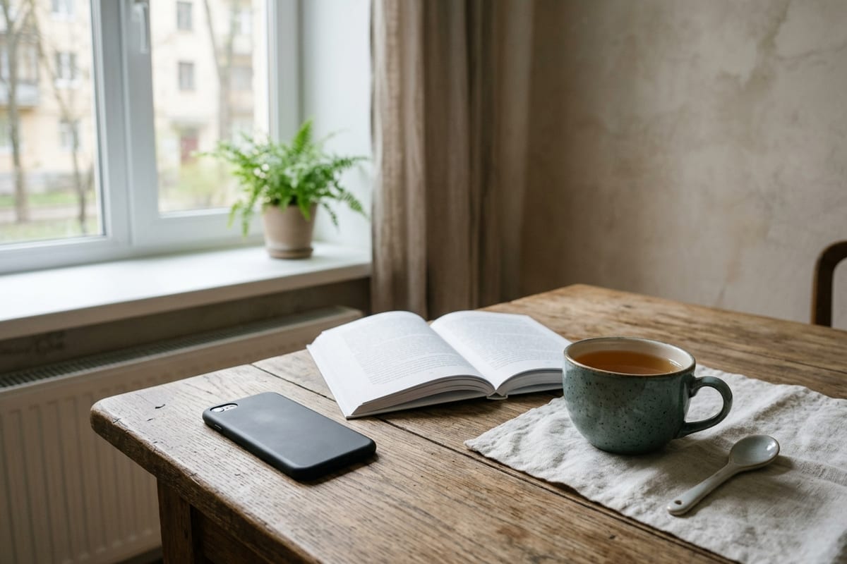Смартфон экраном вниз на деревянном столе, рядом раскрытая книга и чашка чая, тёплый дневной свет