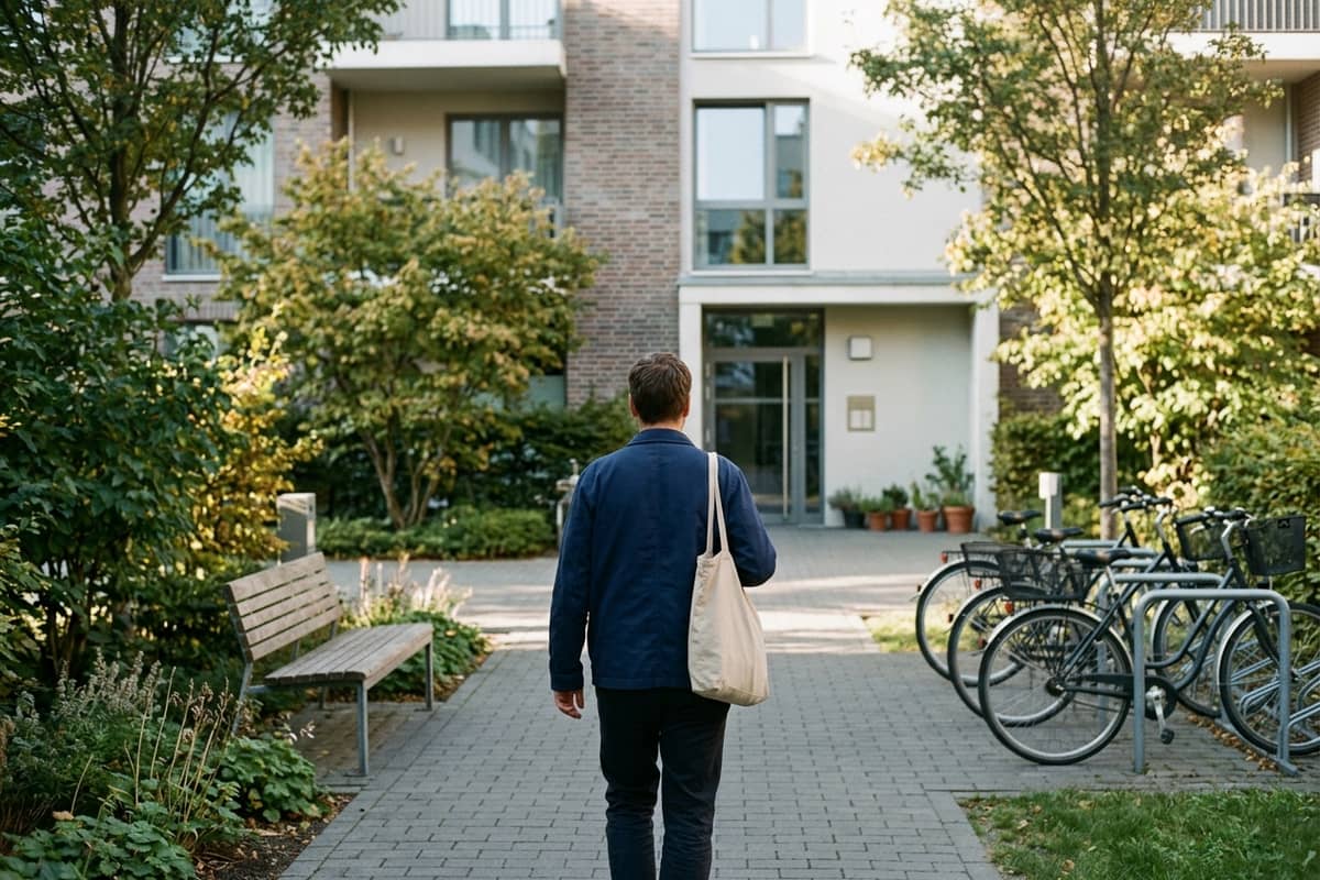 Утренний двор: человек со спины идёт по дорожке к подъезду, деревья и скамейка, мягкое солнце